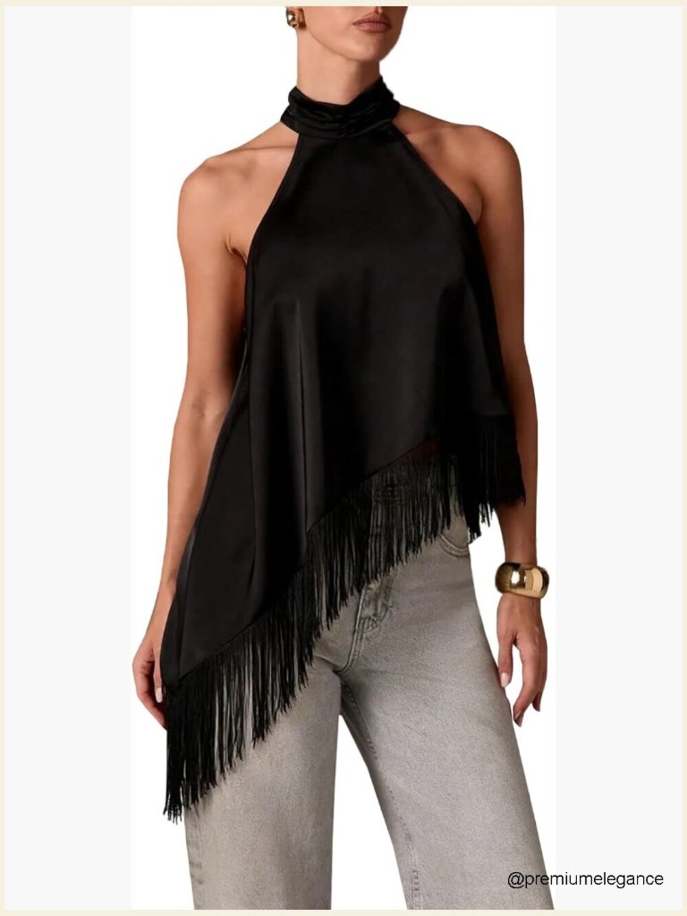 Fringe Satin Tank Top Y2K Mock Neck Halter Crop Top Sleeveless Silk Tassel Trim